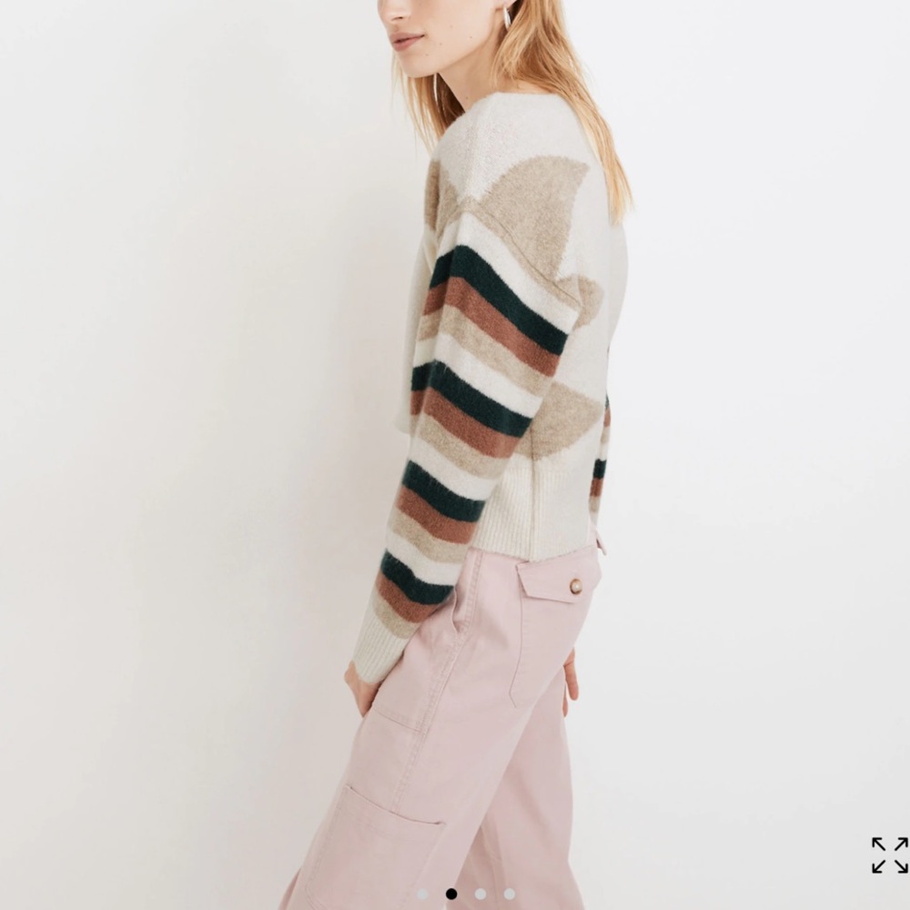 Madewell Stripe Sleeve Geo Pullover Cream Brown Green Boat Neck Sweater Size XXS - Picture 6 of 10
